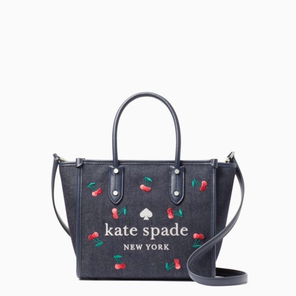 Kate Spade New York Ella Small Cherry Tote Embroidered Denim Dark Wash K6080